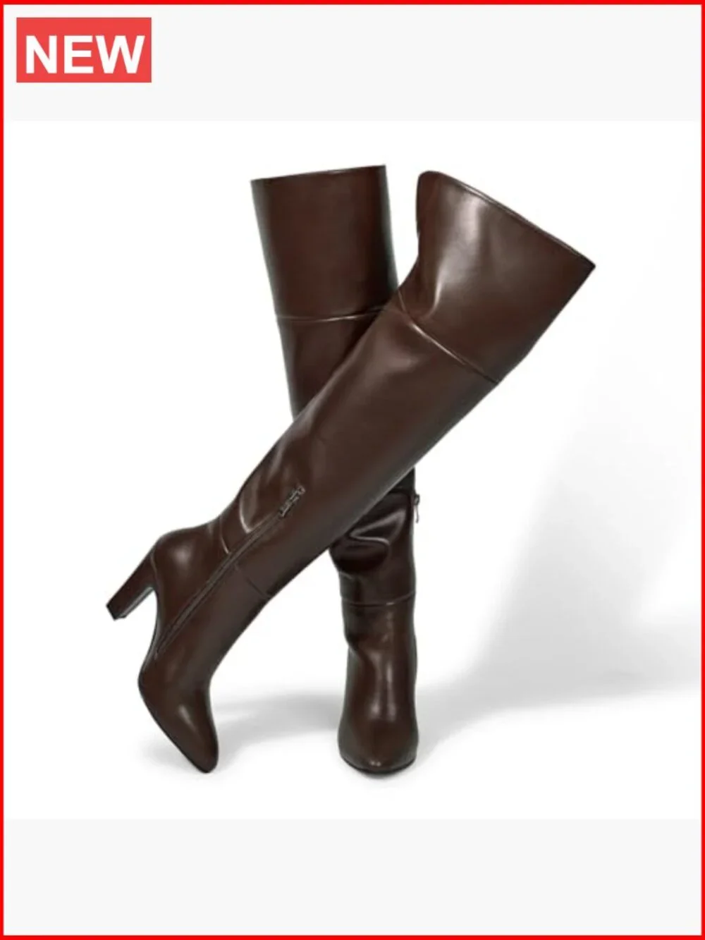 Thigh High Boots with Chunky Heel, Side Zipper, Wide Calf, Faux Leather
